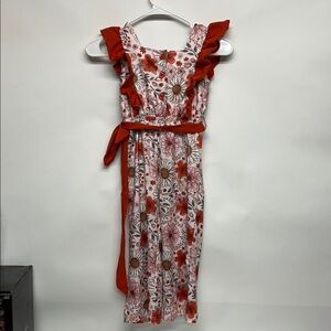 Floral Ruffle jumpsuit with Red Accents large